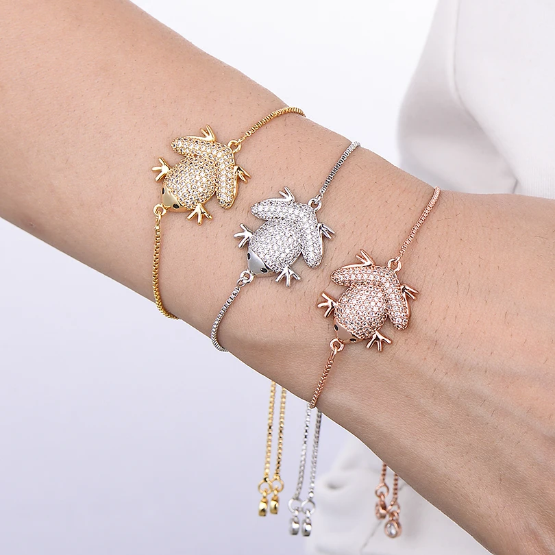Jewelry  Animal Charm Rose Gold Color Bracelets Luxury Full Micro Cubic Zirconia Big Frog Chain Bracelet for Women Men