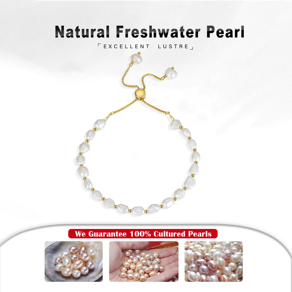 RINNTIN GPB09 Genuine 925 Sterling Silver Pearl Bracelet Chain Link Baroque Pearl Beads 14K Gold Bracelet Brazalete For Women