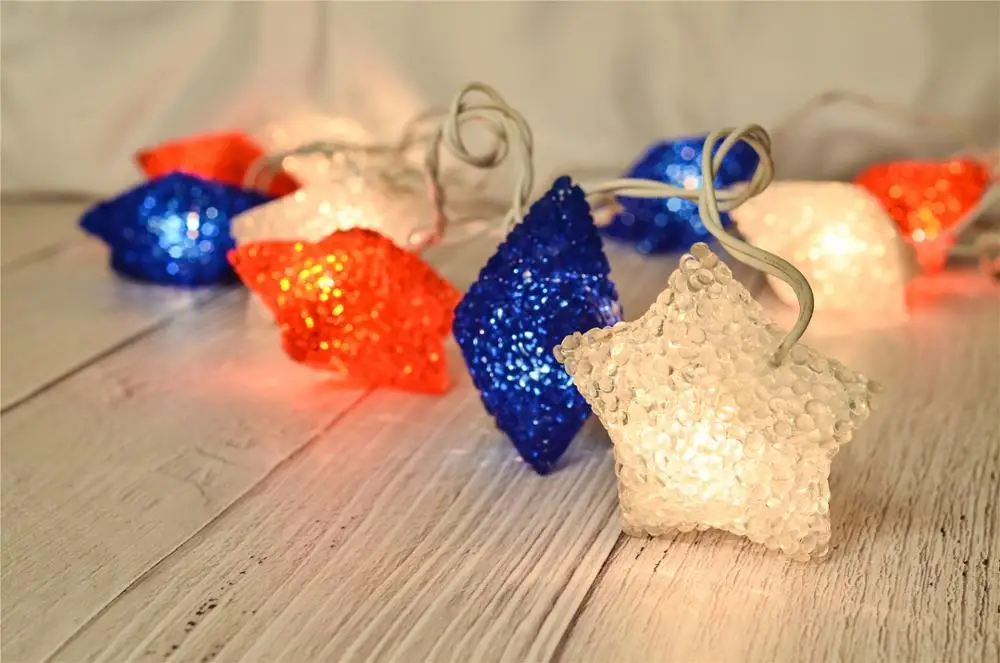 10 Counts Red White  Blue EVA Star Lights Fourth of July American Star String Lights USA Flag Independence Day Theme Decoration