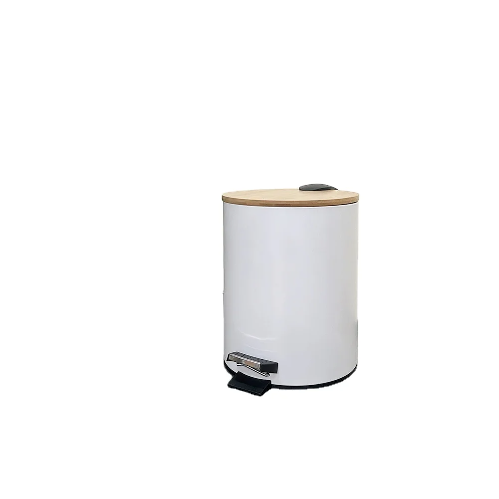 Pressing Type Trash Can with Bamboo Lid 3L Capacity Iron Steel Metal Storage Bucket PP Bagged Lobby and Bathroom Accessory