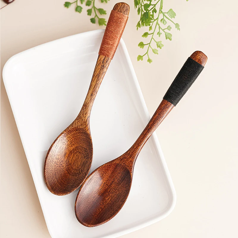 Wood Soup Spoons for Eating Mixing Stirring, Long Handle Spoon with Chinese Japanese Style Kitchen Utensil.