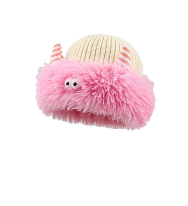 Autumn and Winter Cute and Funny Little Monster Bullhorn Plush Knitted Hat for Children to Keep Warm
