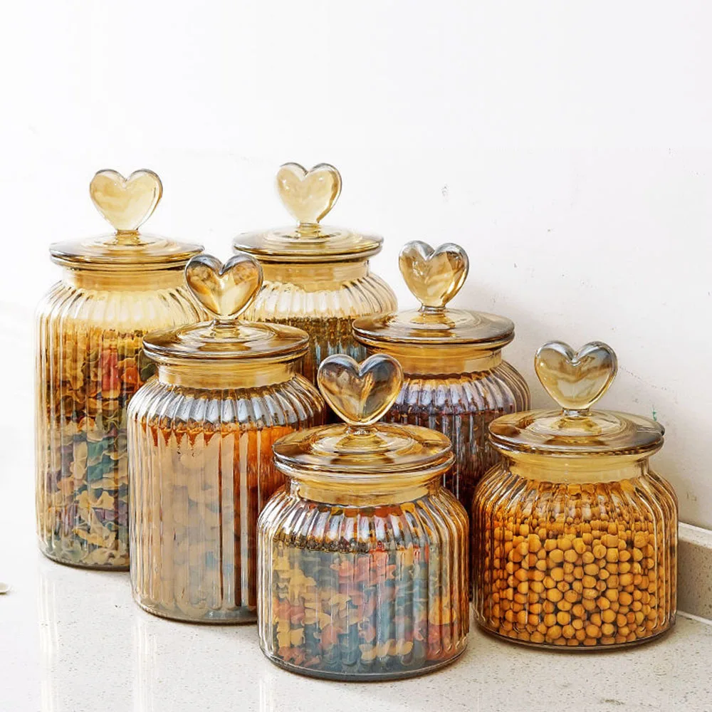 Kitchen Wholesale Round Amber Glass Jar Storage Container 650ml 950ml 1350ml Kitchens Food Big with Lid