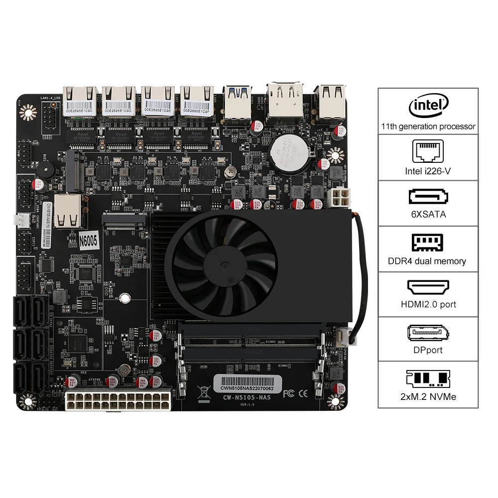 Factory Price Mini ITX Motherboard N6005/N5105 4xInteI i226-V 2.5G Nics NAS 2* M.2 NVMe 6*SATA3.0 2*DDR4 HDMI2.0 Soft Router