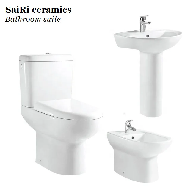 SaiRi Cheap bathroom suites square two piece toilet bowl with counter designs washbasin and bidet in set