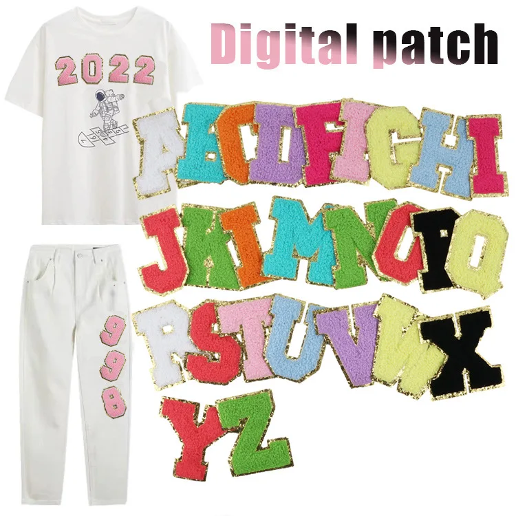 New Iron on Embroidered Patch With Colorful Gold Border Glitter Chenille Letters and Numbers