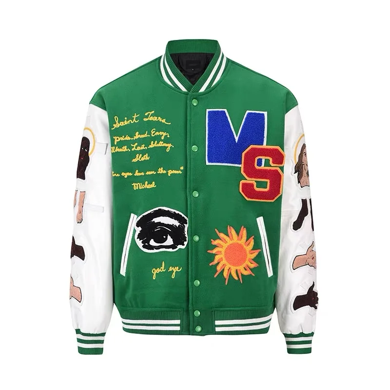 Wholesale custom logo chenille embroidery patch green color leather sleeve male college jacket letterman varsity jackets for men