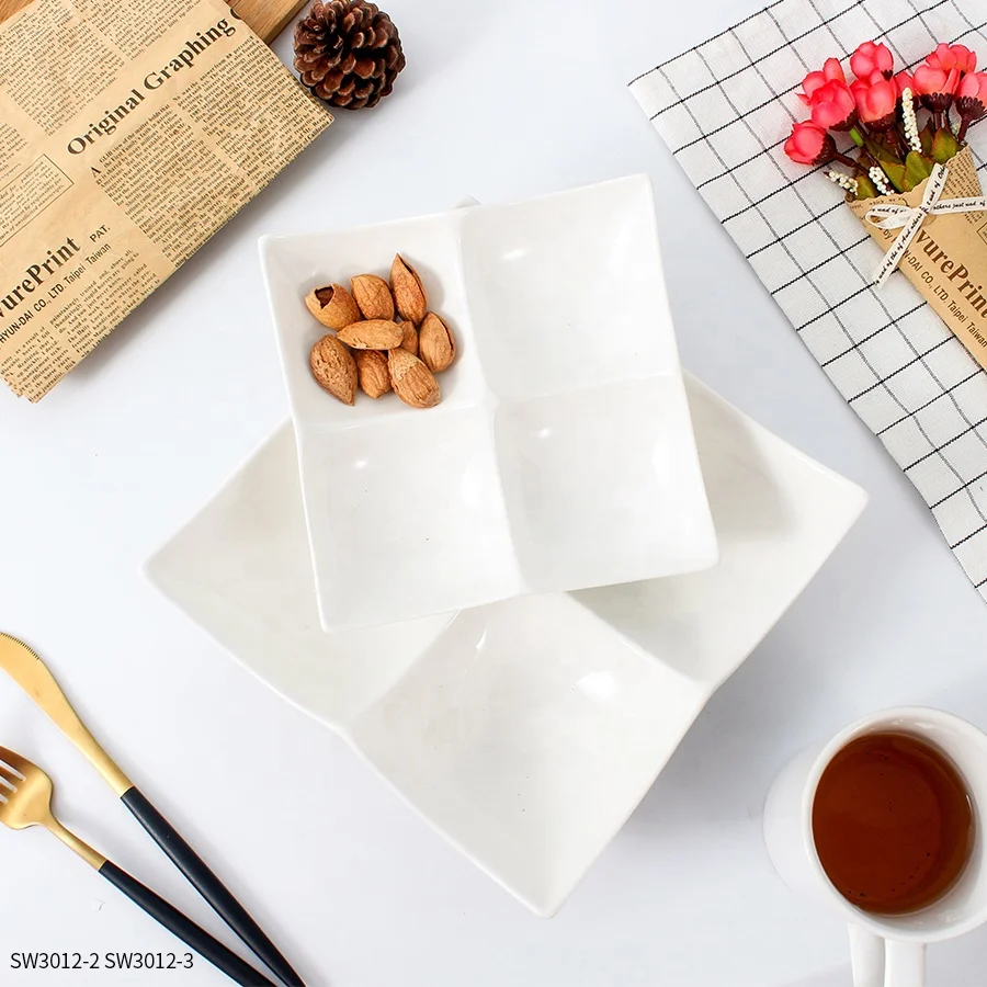 Factory wholesale white ceramic plate 4 compartment divide quadrate serving platter tray for appetizer dessert