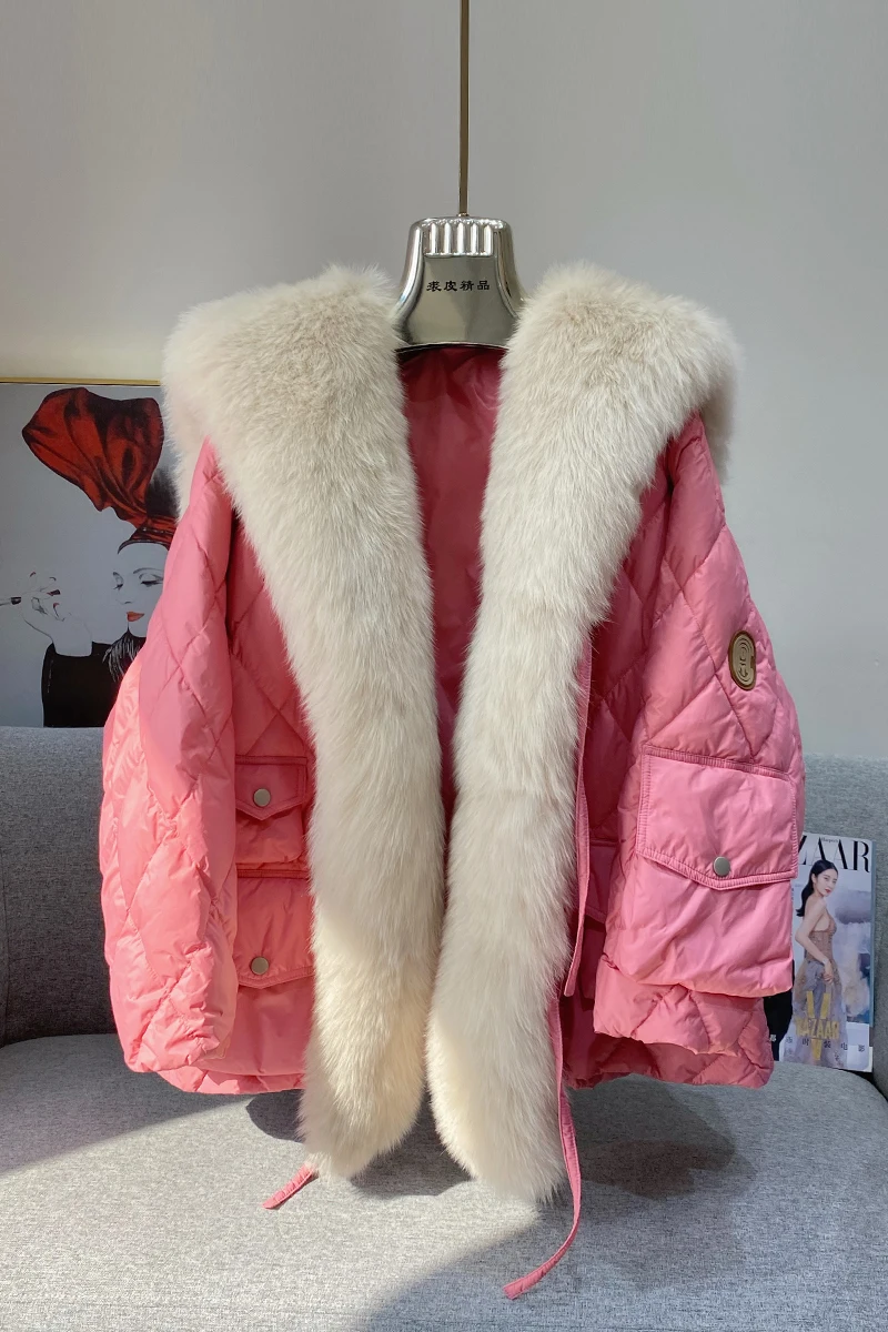 2021 hot big real fox fur collar coat oversize white duck down jacket plus fur winter outfit fur coat