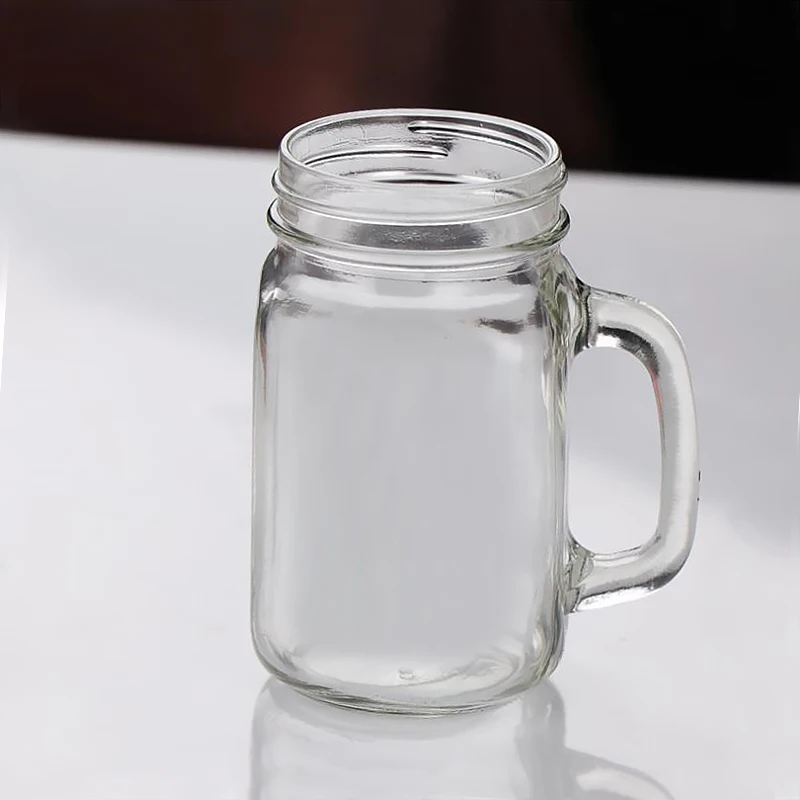 Wholesale Clear  Custom Logo Printing Embossed Bubble Tea Mason Jar Glass With Lid 16oz With Handle