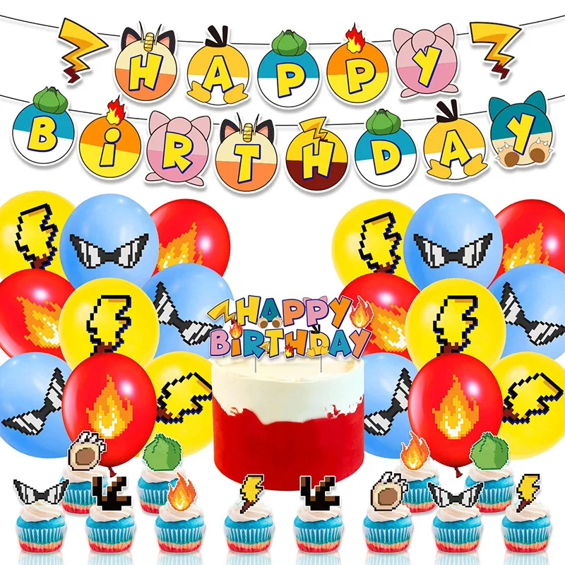 2024 New Design  Pixel Poke-mon Balloon and banner cake topper set  For Boys and Girls  Birthday Party Decoration