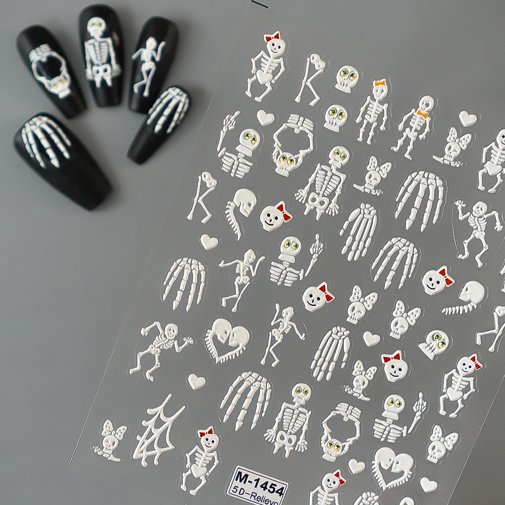 5D Halloween Nail Art Stickers Embossed Nail Sticker Vampire Zombie Skull Bone Hand Nail Sticker Decal