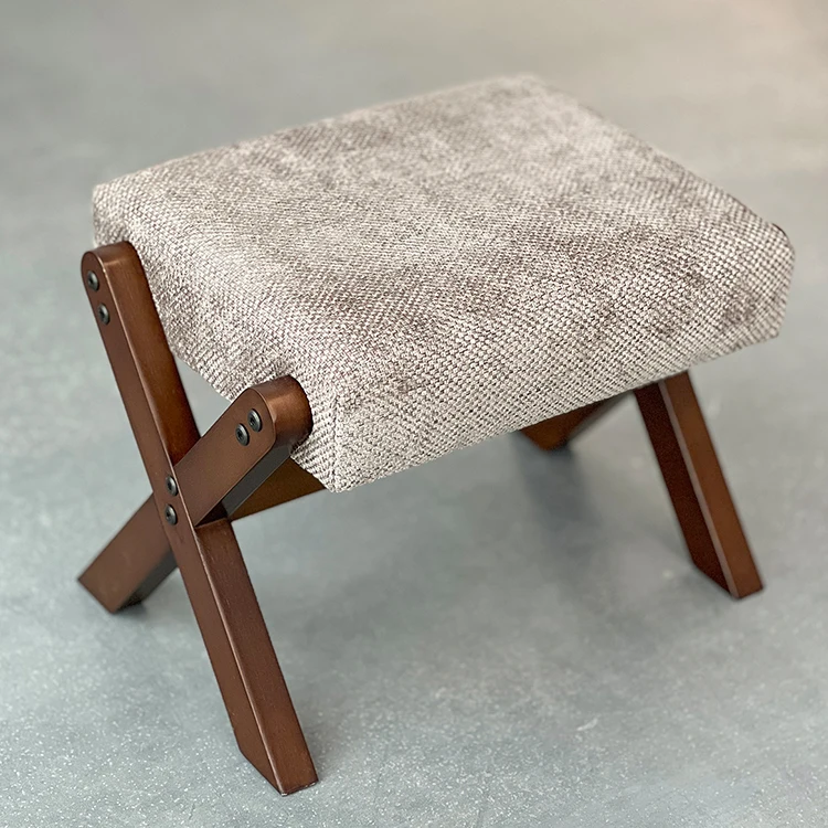 Home Creative Square Mini Wooden Stool Shoe Changing Linen And Wood Foot Stools Soft Seat Ottoman Cross Leg Wood Stool