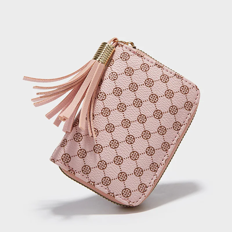 Custom Printed Luxury Designer Women Pink Pu Leather Credit Card Wallet With Zipper