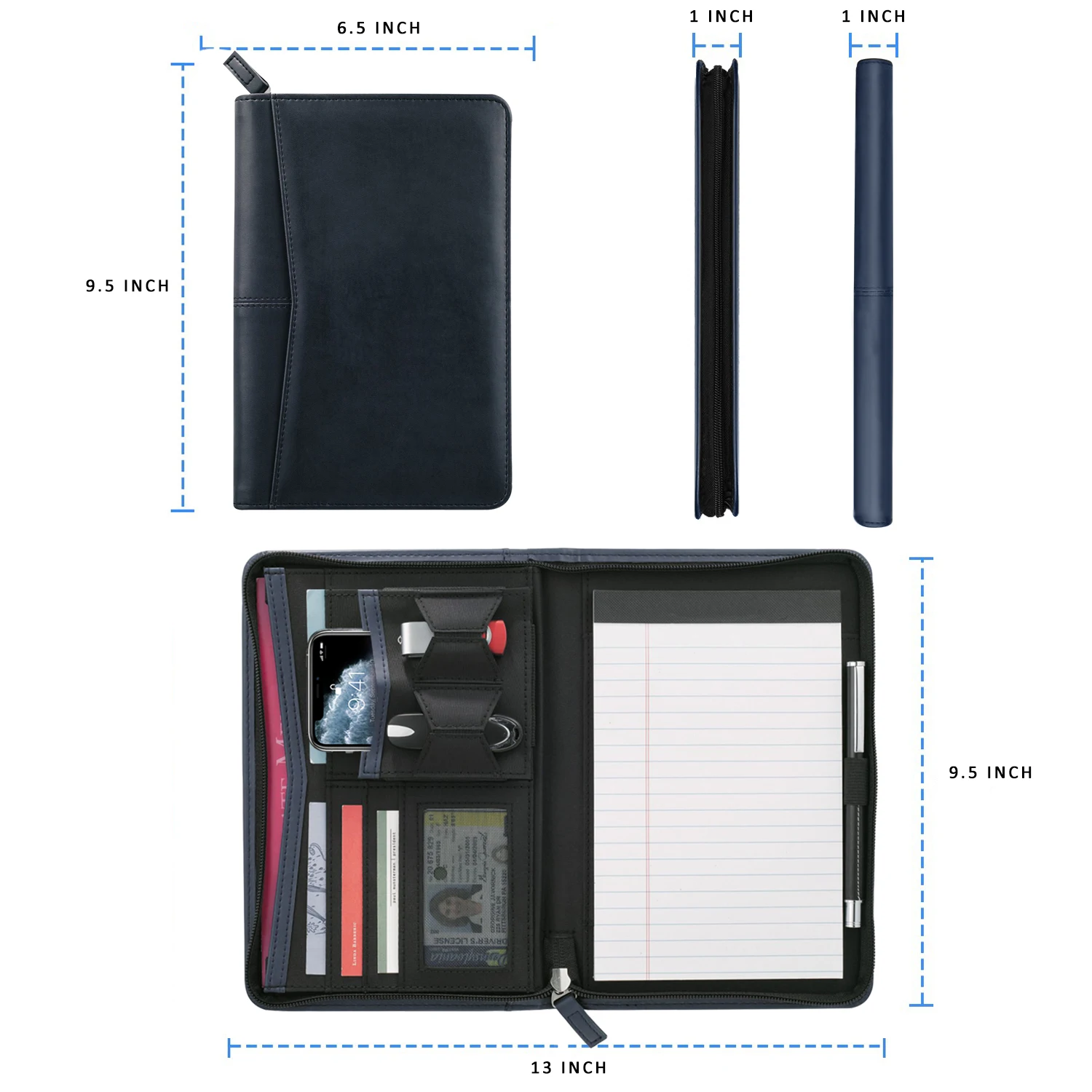 Custom Logo Zipped Padfolio/ Junior Portfolio Folder Case, A5 Leather Organizer Binder, 5 x 8 Writing Pad Included