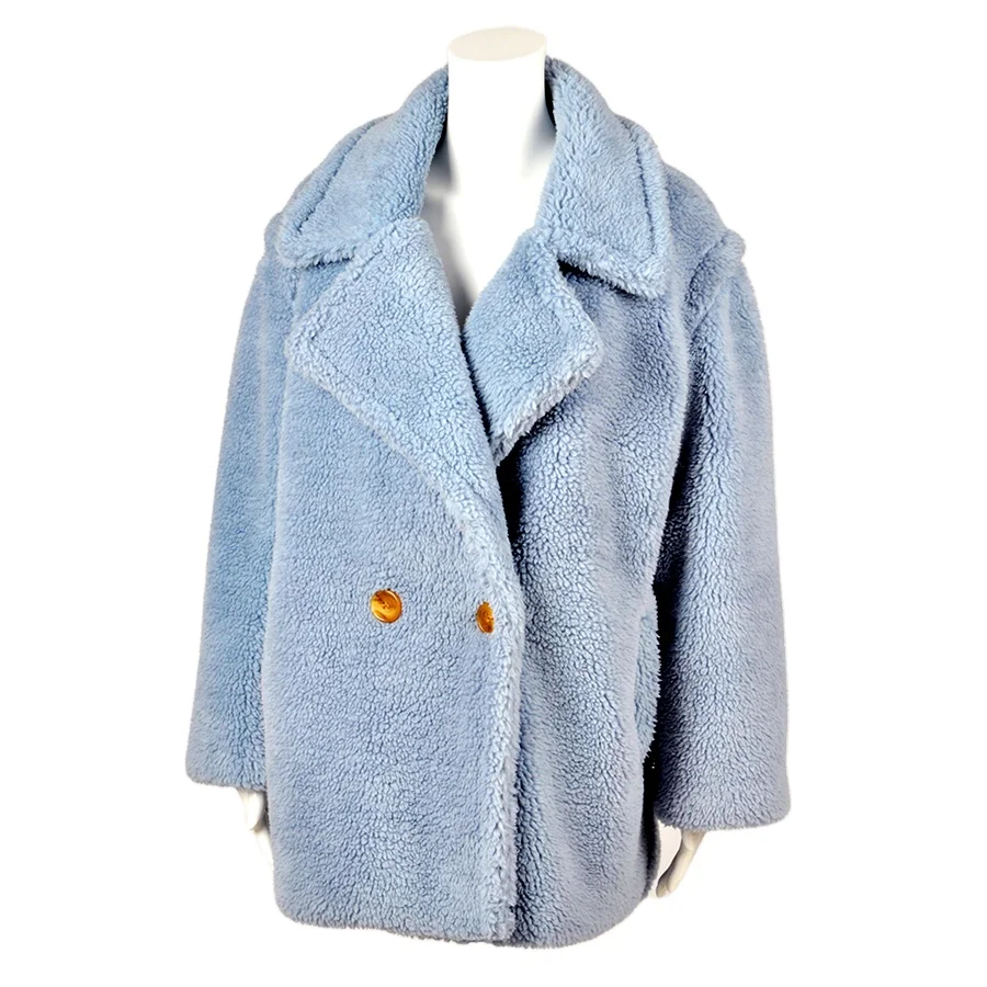 Fashion Clothes Long Light Blue Lamb Faux Fur Coat Jacket For Women Winter Warm