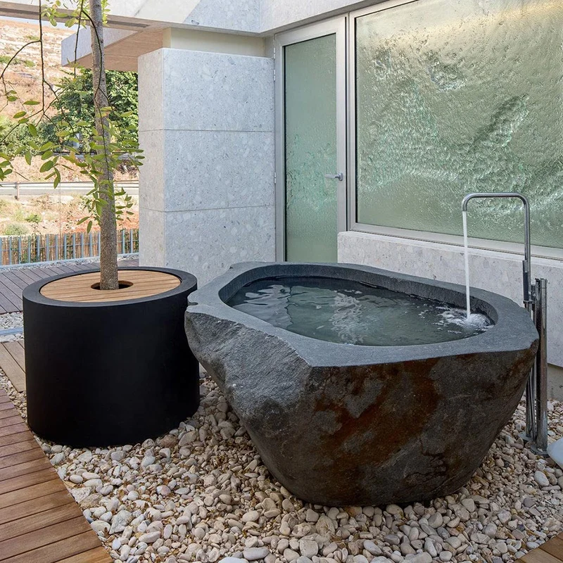 bathroom black square round granite sink with standing natural stone pedestal basin