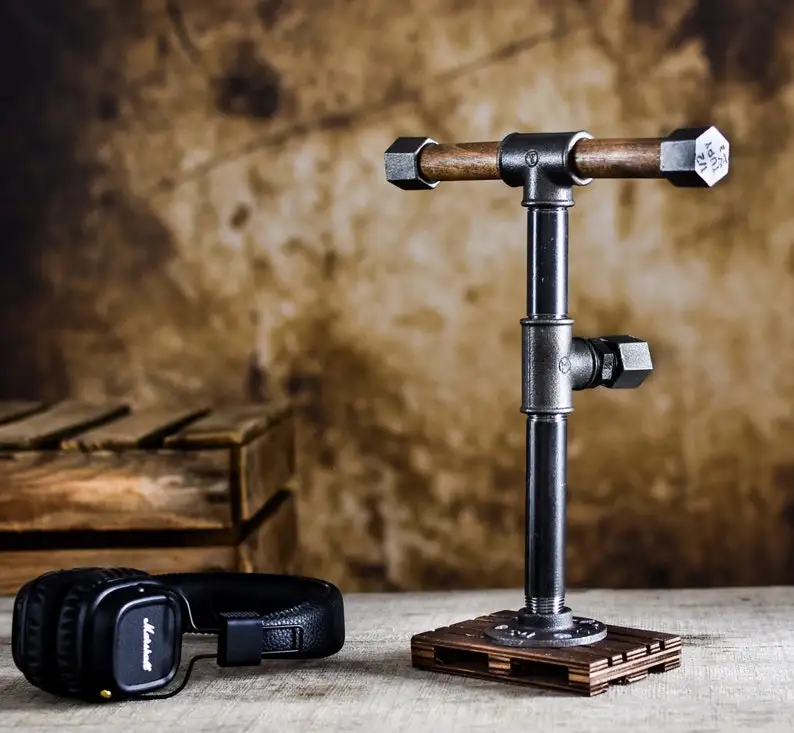 industrial headphones stand hanger by water pipe holder for music lover loft gift