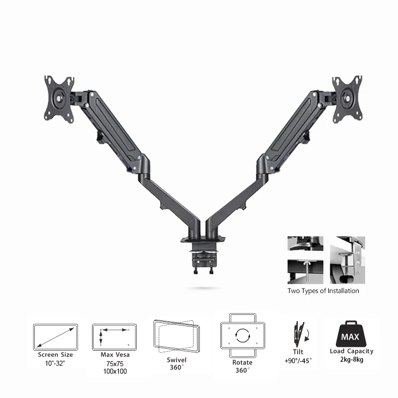 
Metal Mount Swivel Height Adjustable Laptop Mount Monitor Arm Stand Gas Spring Dual Monitor Arm Desk Monitor 