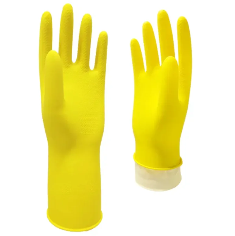 Household 100% Latex Food Grade Net Grip Flocklined Cleaning Kitchen Working Yellow Rubber Household Gloves