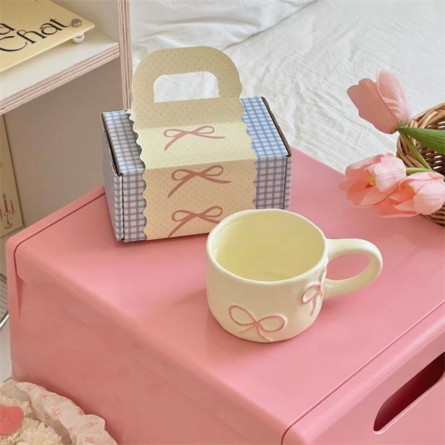 Creative Embossed Bow Ceramic Coffee Mug Large Ceramic Coffee Cups with Handle Nordic Coffee Cups for Cocoa Cappuccino Latte Tea