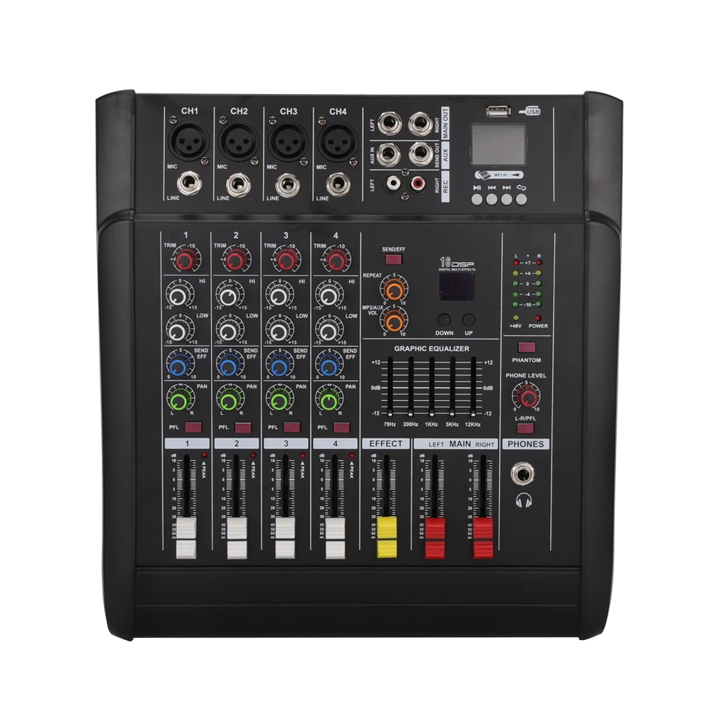 Микшерный пульт 4 канала Усилитель мощности микшерный с USB 48 V Phantom мощность DJ