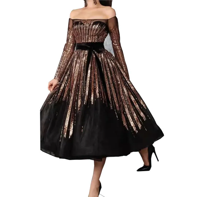 Новое поступление, сетчатые платья с блестками, с длинными рукавами, сексуальное платье на одно плечо, бальные платья