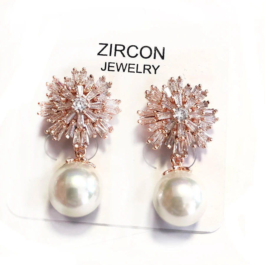 925 Sterling Silver Earrings Women Pearl Ear Stud Zircon Dangle Earrings