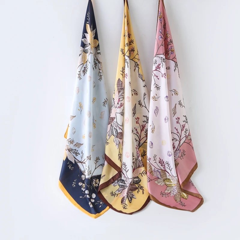Satin feel  yellow flower square head scarf printed satin scarf for hair bulk