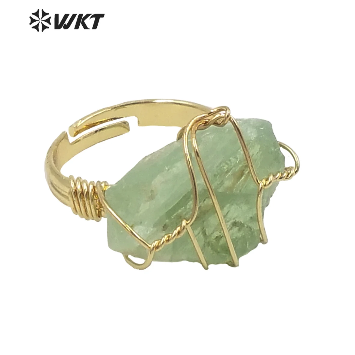 WT-R374 Wholesale Fashion Handmade Wire Wrapped Raw Stone Ring Women Gold vintage Boho Blue Kyanite Fluorite Ring