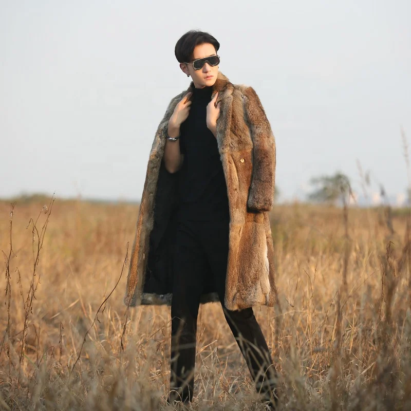 YR1226 Fashion Design Winter Mens Animal Rabbit Fur Long Coat Overcoat