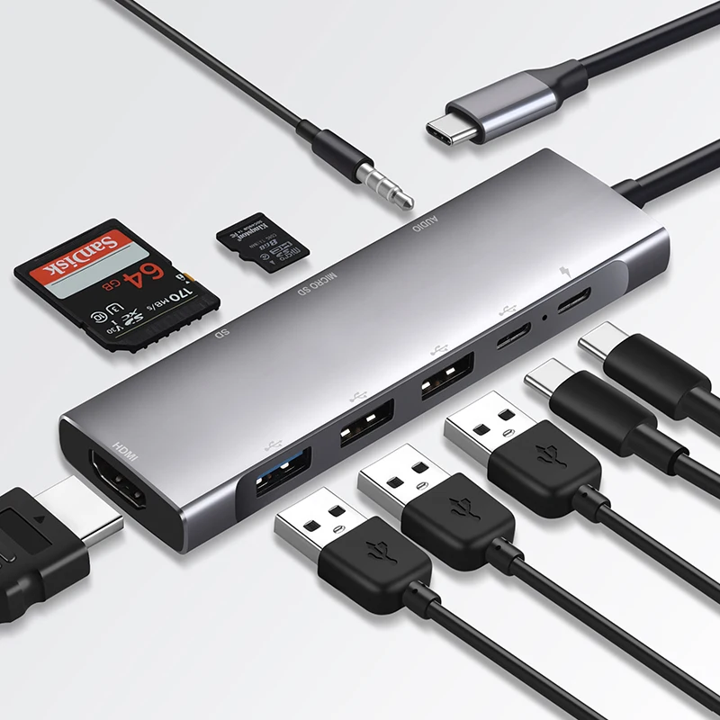 9 в 1 Алюминиевый многопортовый Док станция зарядное устройство с 4K USB3.0 RJ45 TF USB-C PD адаптер для зарядного устройства Type-C USB Hub