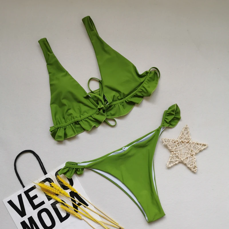 Lotus leaves gather in shape bikini animal print ribbed bikini cut out
