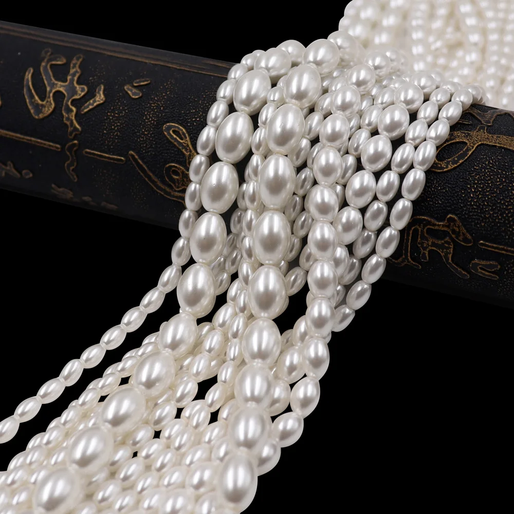 HX factory four different size rice shape white pearl 3/4/6/8 mm glass pearl beads for making pearl iphone chain