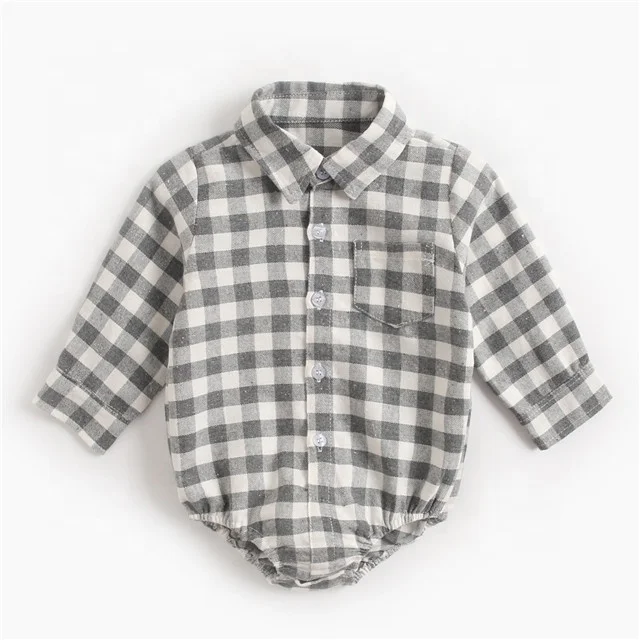 Autumn Spring Polo Collar Long Sleeves Baby Rompers Plaid One-Piece Bodysuit for Infant Boys 0-3 Months Clothes