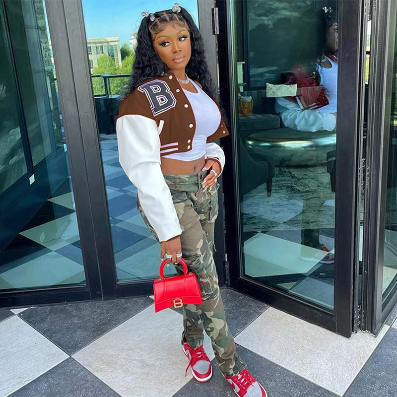 Autumn Fashion Elegant Sportswear Colorblock Single Breasted Aviator Ladies Letterman Baseball Jacket