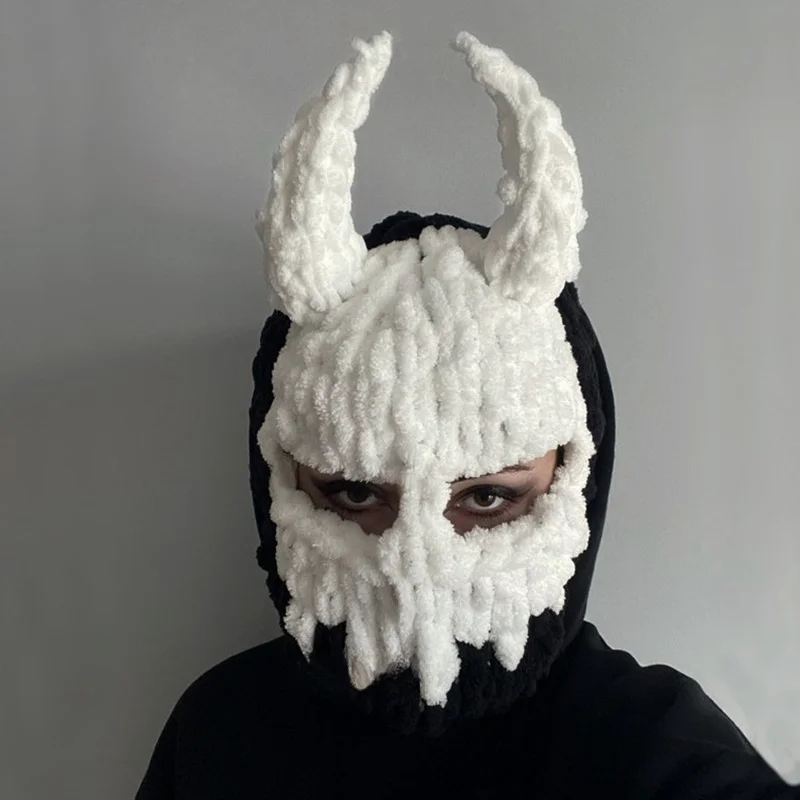 Autumn Winter Warm Plain Facemasks Beanie Custom Logo Devil Horns 1-Hole Ski Balaclava Motorcycle Woolen Blank Knitted Balaclava