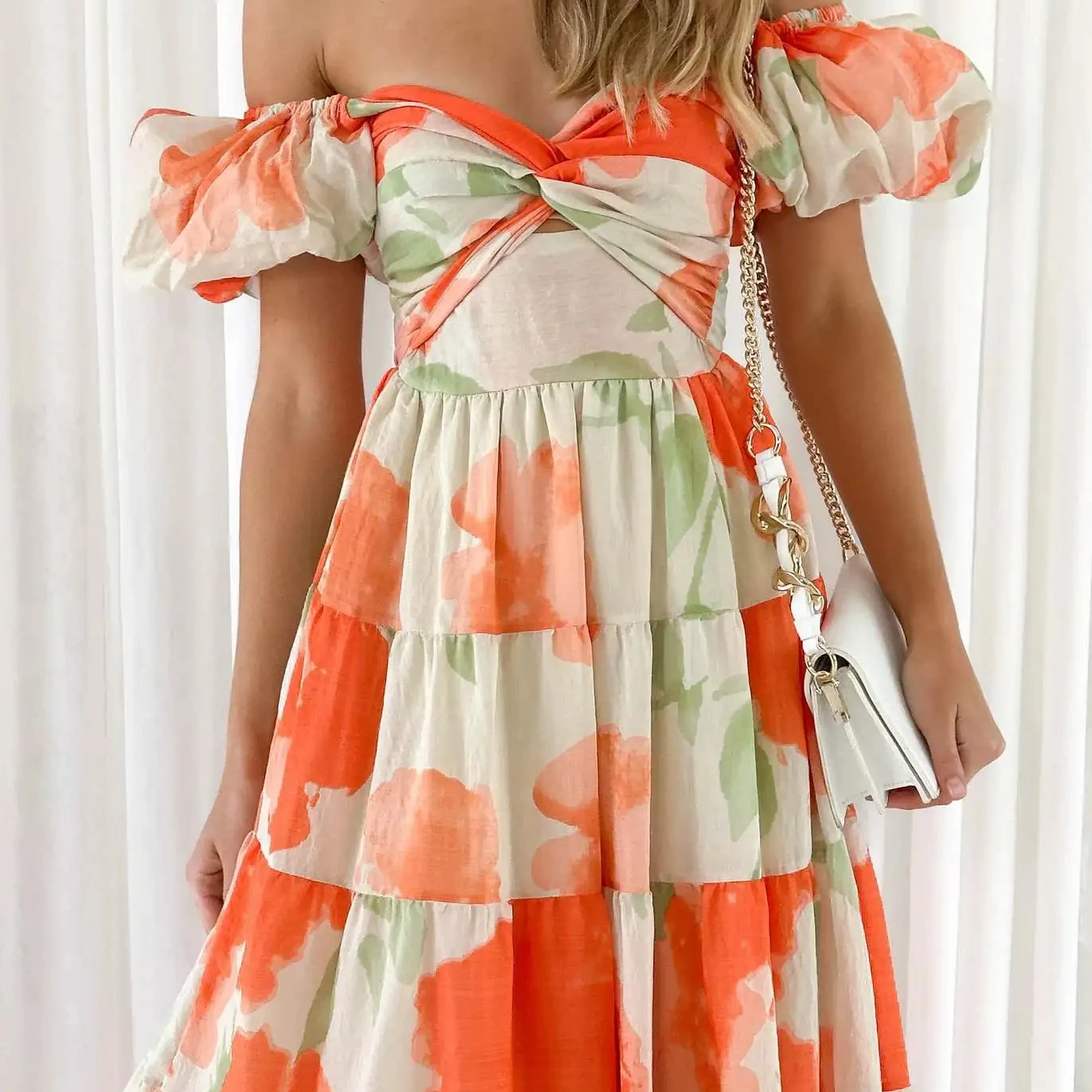 2024 Spring/summer New Style Slim-fit Printed Puffy Sleeves Swing High-end Dress Natural Digital Printing Woven Simple Chiffon