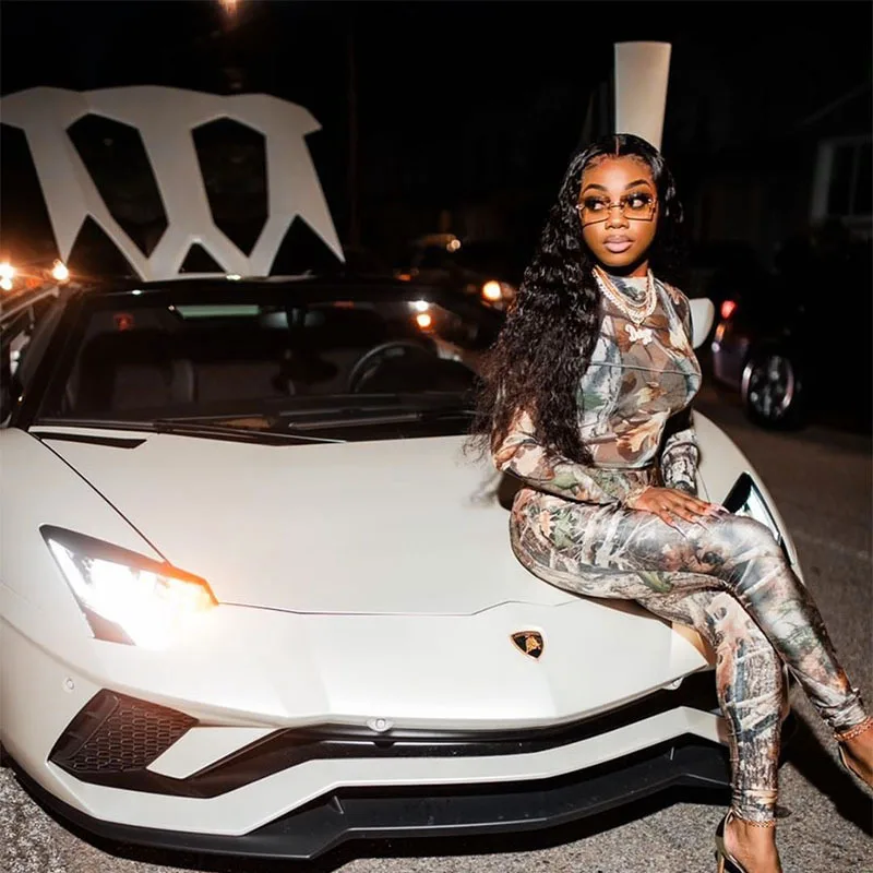 A20534S Sexy Mesh Two Piece Sets Women Stand Collar Long Sleeve Tops High Waist Trouser Fashion Print Suit