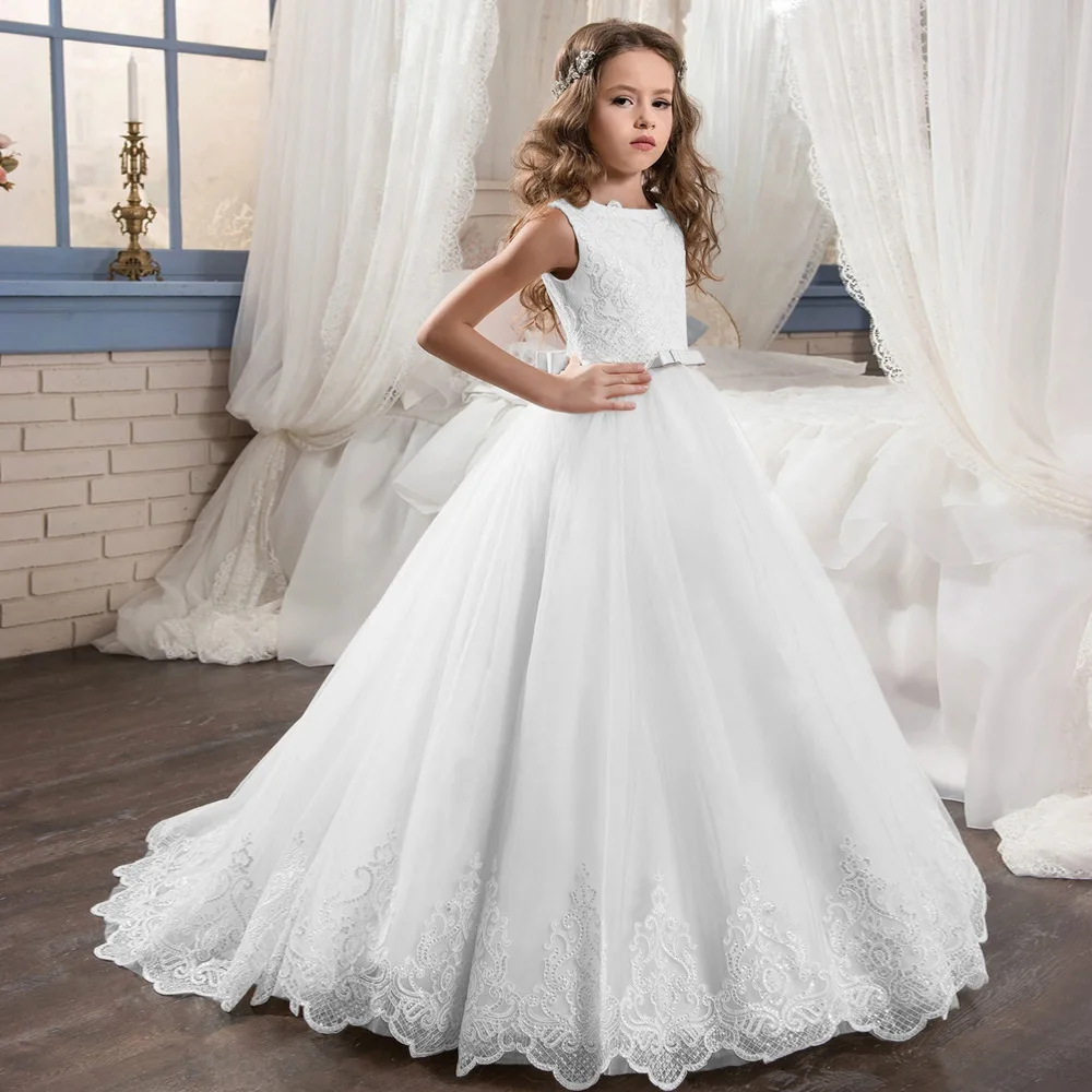 Wholesale Sleeveless Trailing Lace Tulle Flower Girl Wedding Dress Princess Kids Party Long Frock Toddlers Clothing