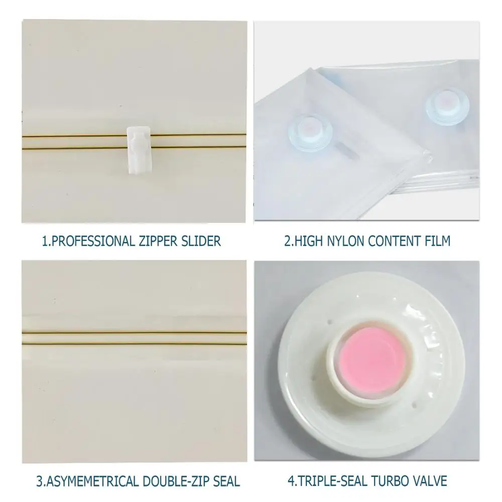 Reusable vacuum compression sealed storage bags save 80% of space for clothing, comforter and bedding storage for easy travel