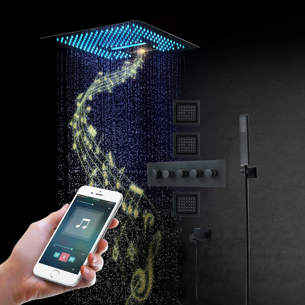 Золотой/Черный Потолок 400*400 мм музыкальная душевая лейка светодиодный Термостатический смеситель для ванной комнаты