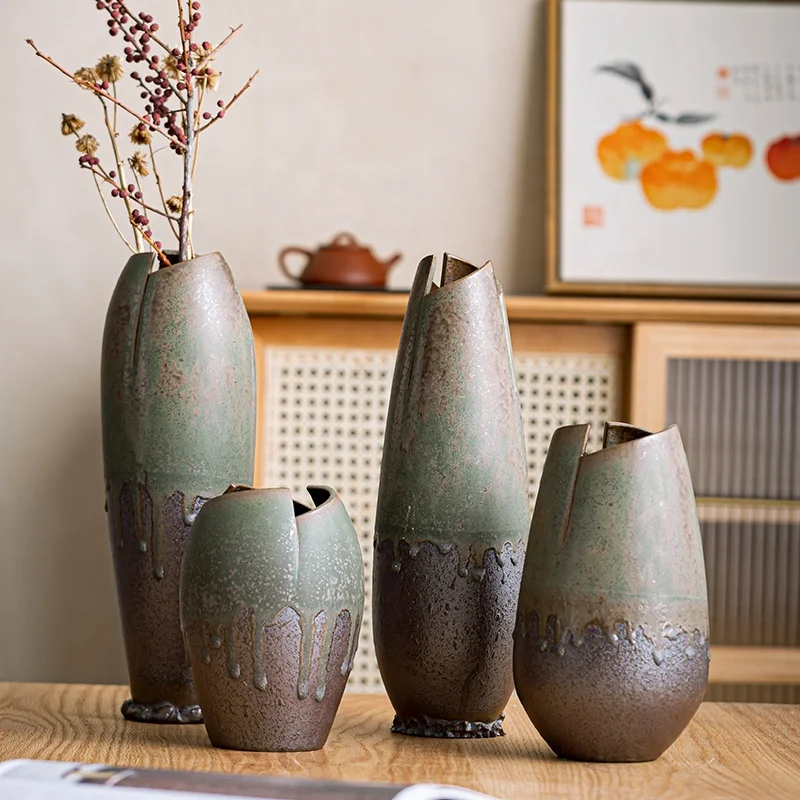 14 Inch Rustic Handmade Ceramic Flowerpot Large Garden Vase Antique Artificial Ancient Bronze Floor Vases Tall Large Ceramic