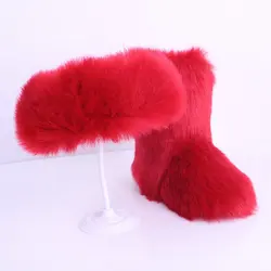 wholesale women real faux fluffy fur boots set  ladies high winter warm furry snow boots with matching purse and headband
