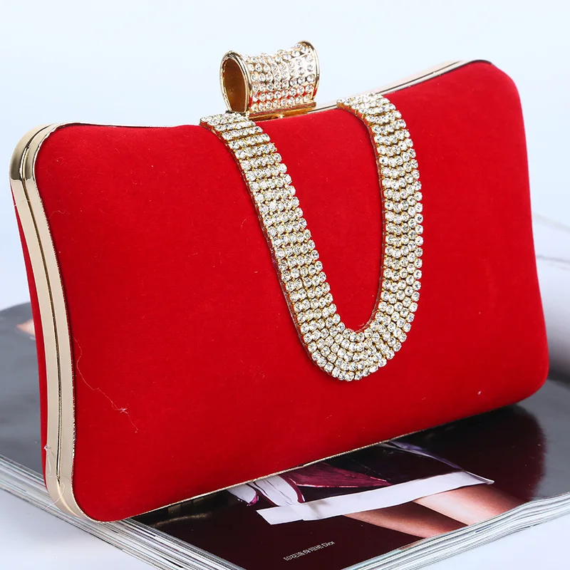 
Wholesales From China Factory Cheap Royal Velvet Crystal Beading Women Purse Big Boxed Evening Clutch Bag With Metal Strap 