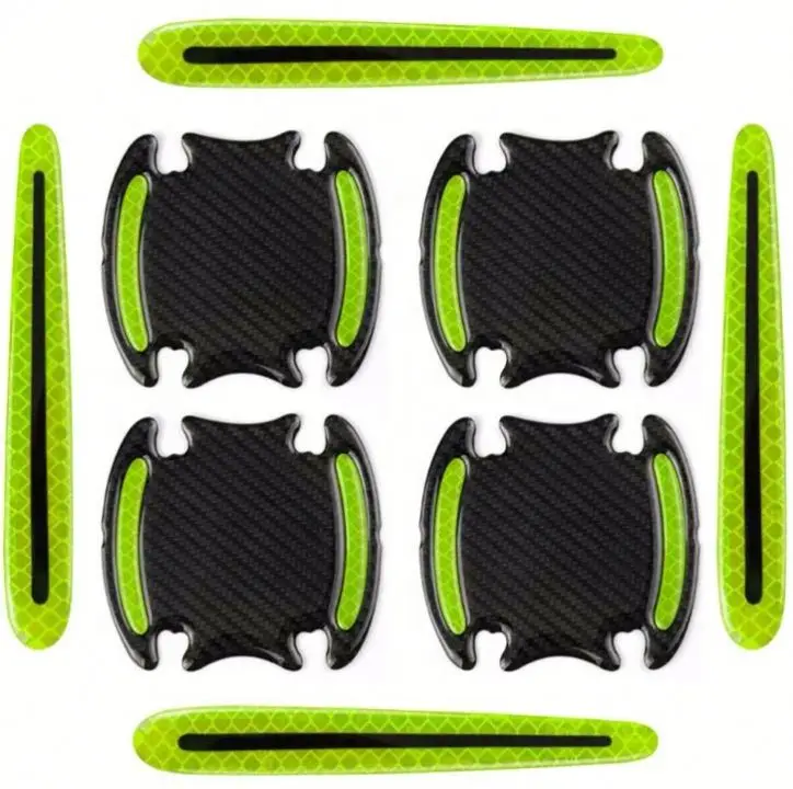 1Set 8 Pieces Carbon Fiber Car Door Handle Guard Anti Scratch Sticker Safety Warning Mark High Reflective Tape