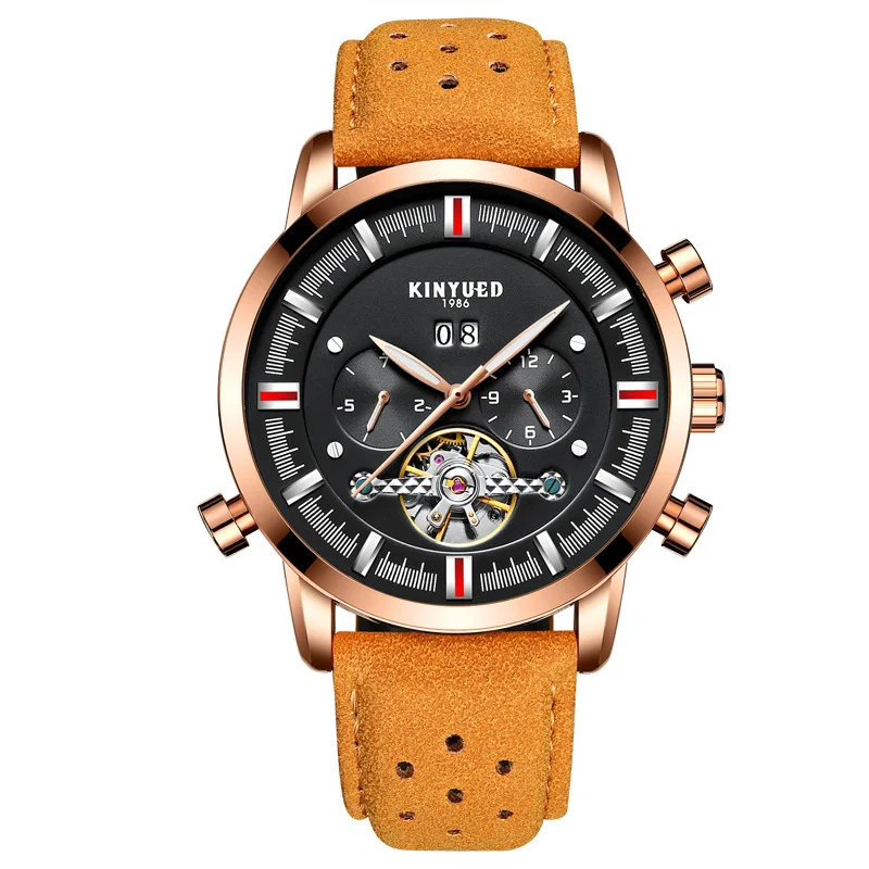 Brown Leather Strap Date Month Weekend Multifunctional Cheapest Automatic Watch Water Resistant Custom Automatic Chrono Watch