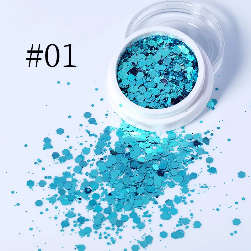 1Jar Blue Mermaid Nail Glitter Powder Pink Aurora Flakes Mixed Round Hexagon Sequins For Nails Shiny Spangles Summer Decor