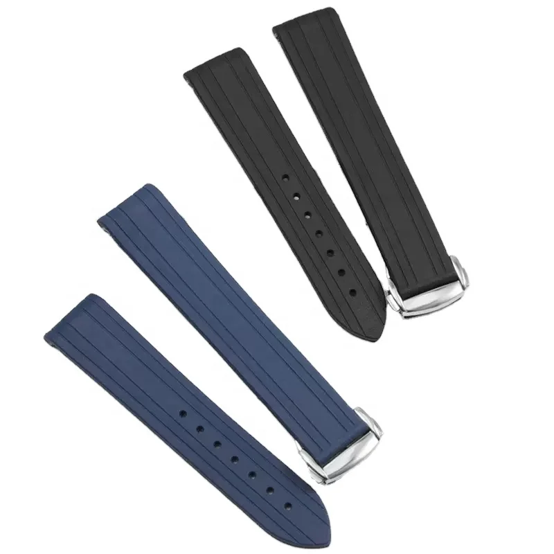 High quality soft navy blue curved end folding butterfly clasp 20mm rubber silicone watch band for omega watch strap
