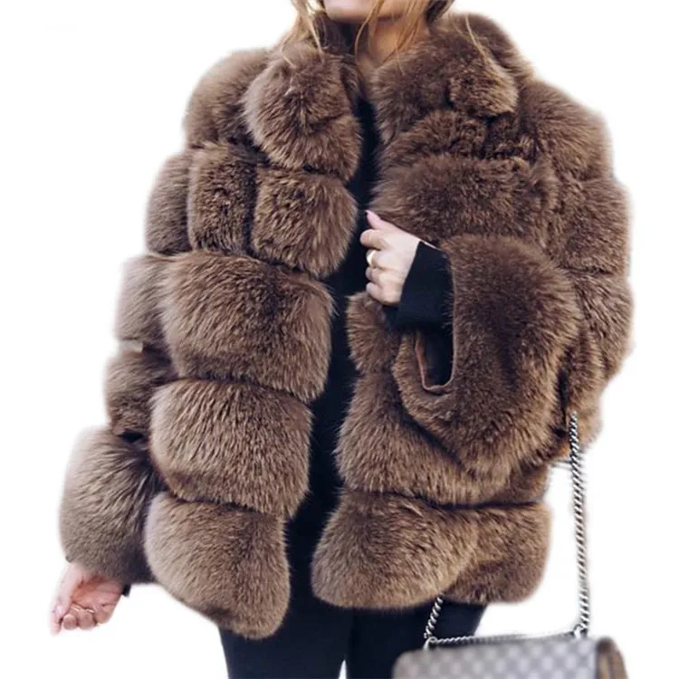 New Faux Fox Fur Coat Women Winter Fashion Stand Collar Artifical Fur Coats Women Warm Overcoat Female Faux Fur Jacket